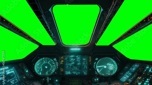 Obraz view from cockpit of spaceship,  pilot view from starship shuttle green screen new quality universal colorful joyfultechnology travel stock image illustration design, generative ai
