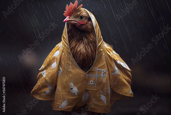 Fototapeta rooster in a rain jacket at night, generative ai