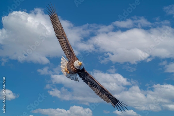 Obraz Bald eagle with wings spread against blue sky with clouds