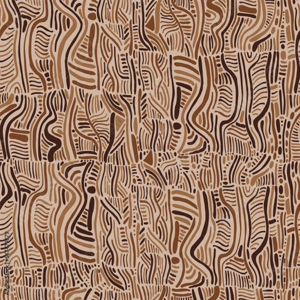 Fototapeta Earth tone seamless pattern abstract tribal texture pebble, roots. Boho nature colors and simple forms texture for design wrapper, dress, fabric, wallpaper.