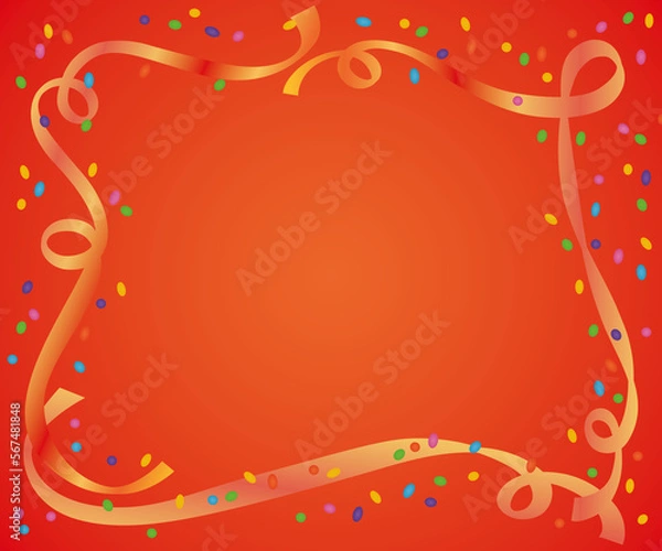 Obraz Carnival frame illustration, red background, colorful confetti and serpentine