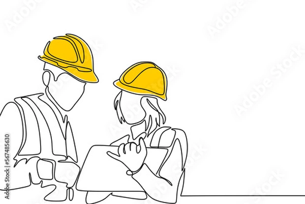 Fototapeta Single continuous line drawing of young construction manager giving instruction to builder coordinator at site meeting. Building architecture business concept. One line draw design vector