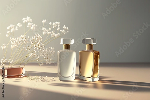 Fototapeta Fresh spring romantic image, stylish transparent glass perfume bottles. Stylish parfumerie banner. Generative AI.