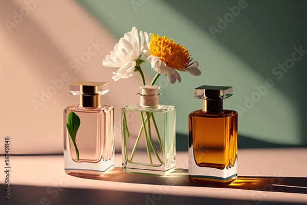 Fototapeta Collection of transparent multi color glass floral perfume bottles on a light simple background. Art composition still life. Stylish parfumerie banner. Generative AI.