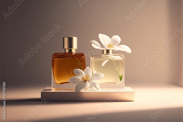 Fototapeta Collection of transparent multi color glass floral perfume bottles on a light simple background. Art composition still life. Stylish parfumerie banner. Generative AI.