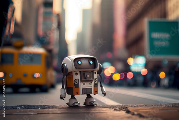 Fototapeta Mini Roboter läuft durch eine Großstadt - Generative Ai 