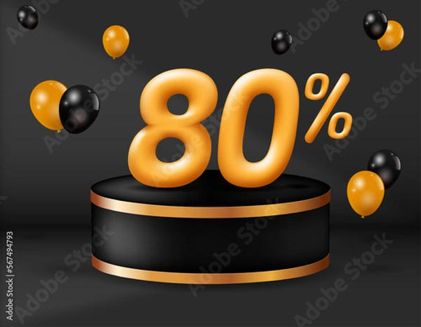 Fototapeta Special sale 80 percent off. realistic golden 3d number with podium decoration and balloons isolated on black background. vector illustration