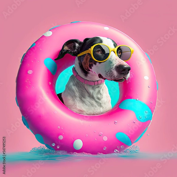 Obraz Cute puppy dog in sunglasses floats on rubber ring illustration. Generative ai