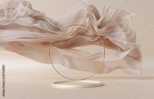Fototapeta 3D background. Beige podium, display mockup. Silk cloth in motion. Gold circle frame for Beauty,  product, cosmetic presentation. Feminine scene with pedestal. 3d render.