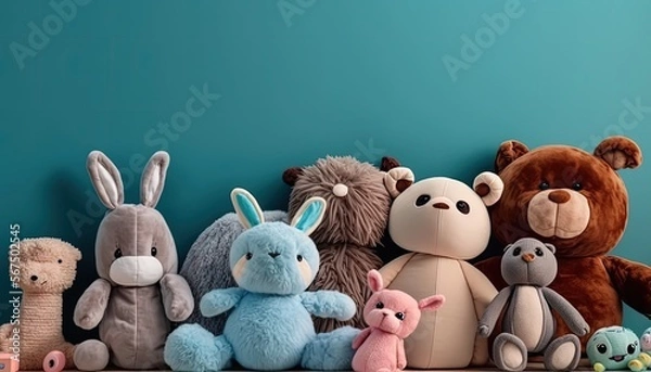 Obraz room with plush toys advertising banner background, empty space for text, commercial template,  (created with Generative AI)