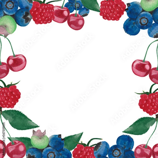 Fototapeta Trendy art template with square frame of watercolor garden berries: raspberry, cherry, blueberries. Suitable for social media posts, postcards, invitations, mobile apps, web ads and pages and more. 