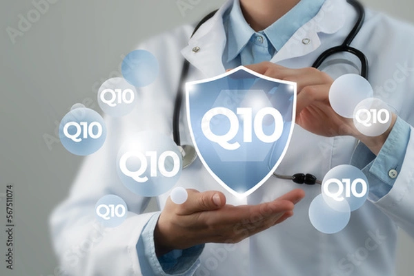 Fototapeta  Microelement supplement concept. Shield in doctor`s hands with Q10 icon.