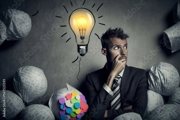 Fototapeta businessman thinking, light bulb above his head, Generative AI