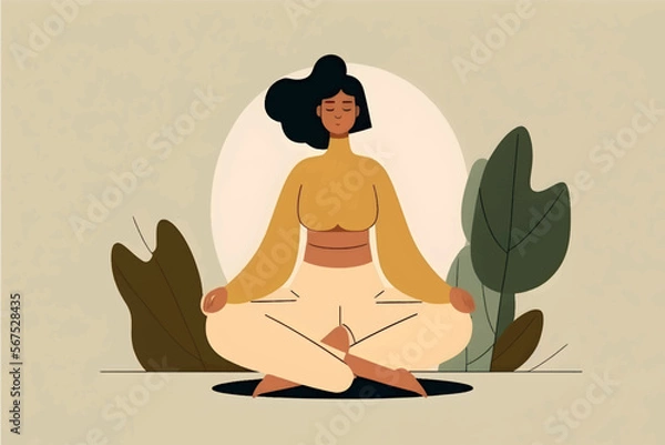 Fototapeta beautiful girl meditating minimalistic concentrated, flat minimalistic background, vector illustration