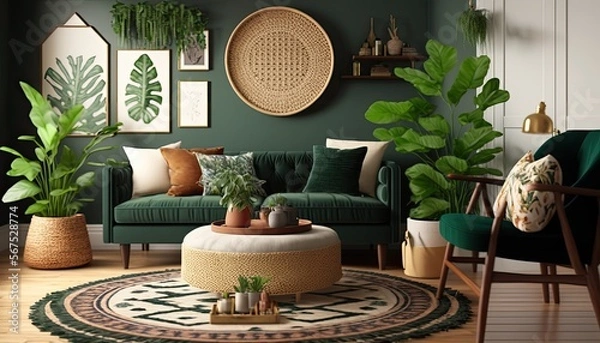 Fototapeta Chic boho living room with a velvet green sofa, woven rug, and plants in wicker baskets generative ai