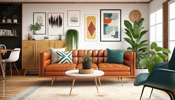 Fototapeta Mid-Century Modern Living Room with Tan Leather Sofa, Geometric Rug and Vintage Art Prints generative ai