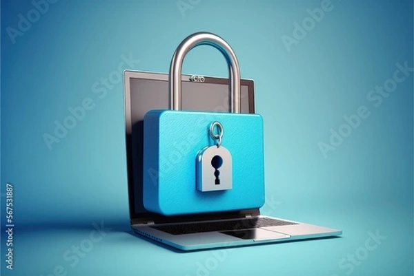 Fototapeta Illustration of blue padlock with laptop, blue background, data security concept. Generative AI