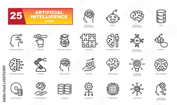 Obraz Artificial intelligence line icons. thin outline icon set with machine learning, smart robotic and cloud computing network digital AI technology: internet, solving, algorithm, choice sign.