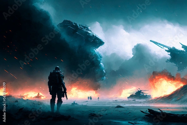 Fototapeta Spaceships flying, storm in distance, tsunami, explosions, soldiers and tanks firing fog. Generative AI