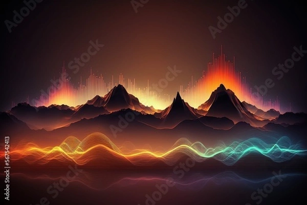 Obraz Abstract landscape Sound waves. Frequency audio waveform, music wave HUD interface elements, voice graph signal cyberpunk, Generative ai	