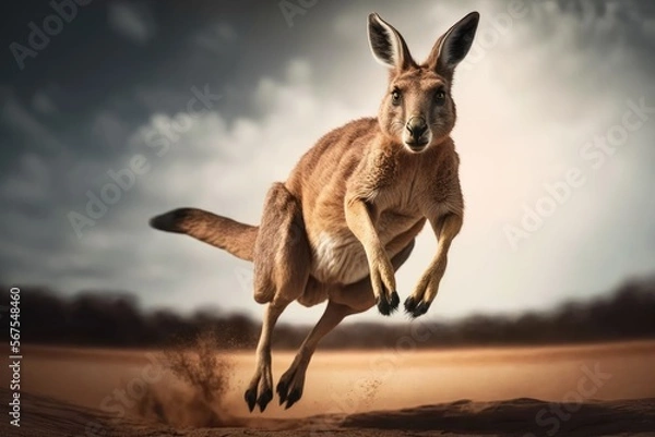 Obraz Front view of a kangaroo jumping and looking at the camera. Created with Generative AI technology.