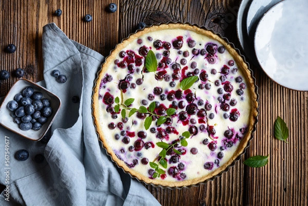 Fototapeta Mustikkapiirakka – Finnish pie with blueberry and sour cream filling