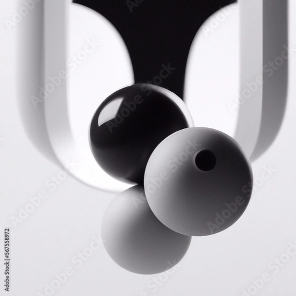 Fototapeta Black and White 3D Model of Balls. Elegant Wallpaper of Spheres in Air. Round Volumetric Circle Shapes. 3D Render Illustration of 3 objects.	