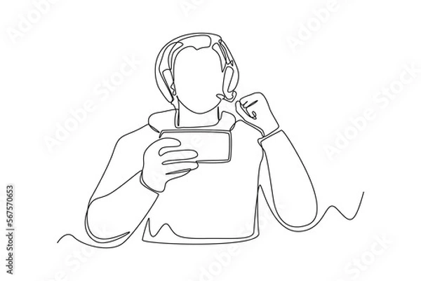 Fototapeta Continuous one line drawing happy boy wearing headset playing online video game on his smartphone. E-sports game concept. Single line draw design vector graphic illustration.