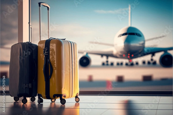 Fototapeta Suitcase with luggage at airport - The Challenges of Airport Luggage and the Suitcase Hassle AI Generative