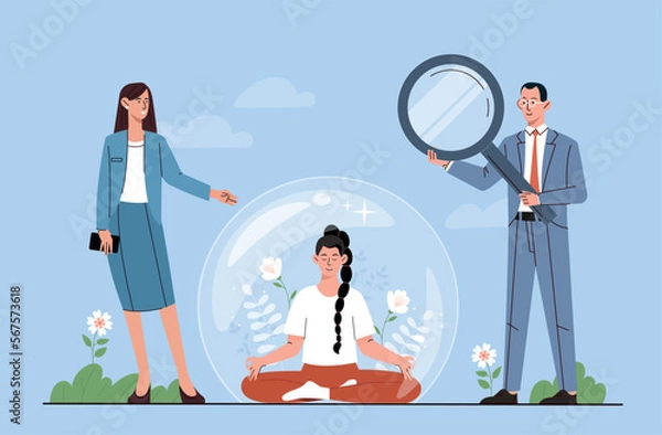 Fototapeta Social distance concept. Young girl in bubble sits in lotus position next to man with magnifying glass and woman. Freedom, peace and harmony. Virus and pandemic. Cartoon flat vector illustration