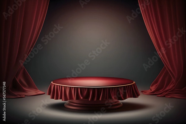 Fototapeta Red draped silk satin showcase, round product display platform with silky fabric open curtain background, 3d illustration for design, mockup, template