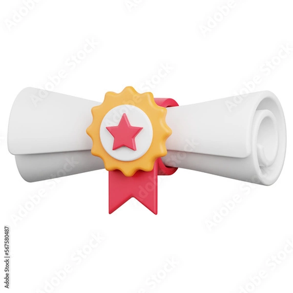 Fototapeta 3D Render Diploma Certificate Icon, illustration isolated on white background, suitable for website, mobile app, print, presentation, infographic, and other projects.