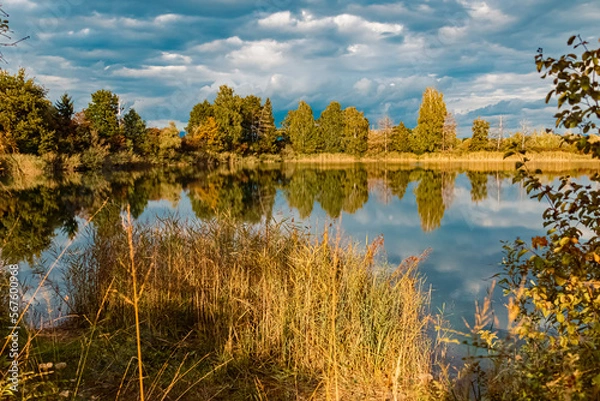 Fototapeta Beautiful autumn or indian summer view with reflections in a pond near Aholming, Bavaria, Germany