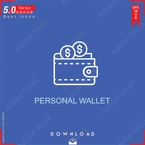 Fototapeta PERSONAL WALLET icon vector on blue background. Simple, isolated, flat icons, icons, apps, logos, website design or mobile apps for business marketing management,
UI UX design Editable stroke.EPS10