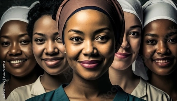 Fototapeta Empowering Women in the Workplace Inclusivity: Celebrating International Women's Day with Diversity Equity Inclusion (DEI) in the Healthcare Industry with Multiracial Female Midwifes (Generative AI)