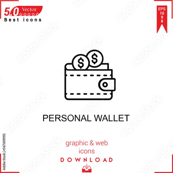 Fototapeta PERSONAL WALLET icon vector on white background. Simple, isolated, flat icons, icons, apps, logos, website design or mobile apps for business marketing management,
UI UX design Editable stroke.EPS10 