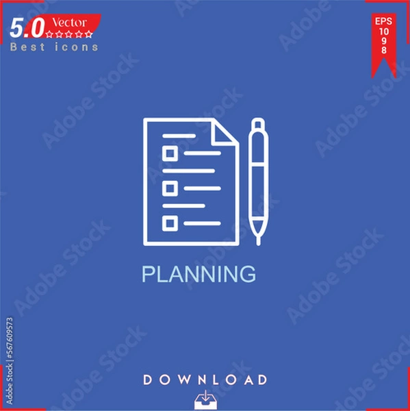 Fototapeta PLANİNG icon vector on blue background. Simple, isolated, flat icons, icons, apps, logos, website design or mobile apps for business marketing management,
UI UX design Editable stroke.EPS10