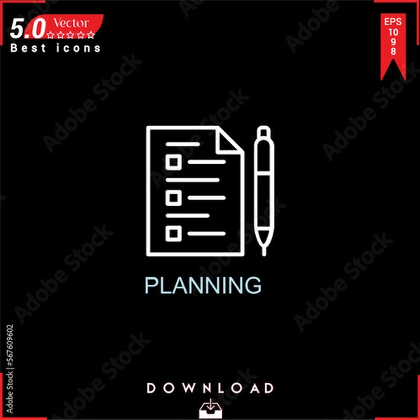 Fototapeta PLANİNG icon vector on black background. Simple, isolated, flat icons, icons, apps, logos, website design or mobile apps for business marketing management,
UI UX design Editable stroke. EPS10