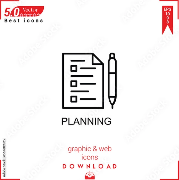 Fototapeta PLANİNG icon vector on white background. Simple, isolated, flat icons, icons, apps, logos, website design or mobile apps for business marketing management,
UI UX design Editable stroke.EPS10 