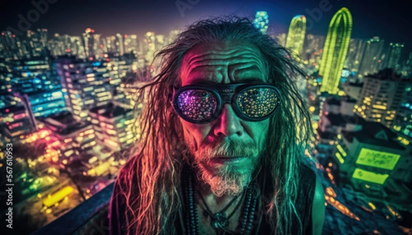 Fototapeta A fictional person. Cyberpunk old stoner at rooftop. Generative AI