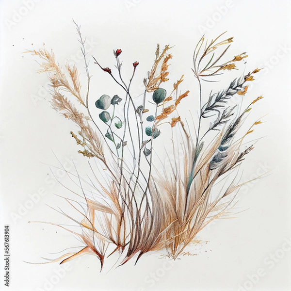 Fototapeta Illustration of dried grass on a blank background. generative ai
