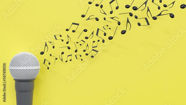 Fototapeta 3D illustration of microphone and music notes isolated on yellow background with clipping path.
