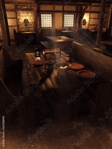 Fototapeta Fantasy tavern interior with a wooden table and plates at night. 3D render in DAZ Studio. 