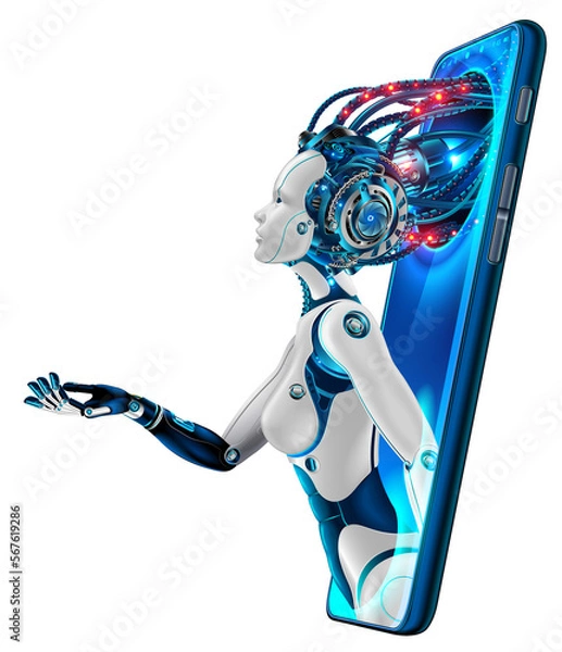 Fototapeta Artificial intelligence provide access to information and data in online networks via smartphone. AI in the form of woman cyborg or bot coming out of the screen phone and offers to use digital mind