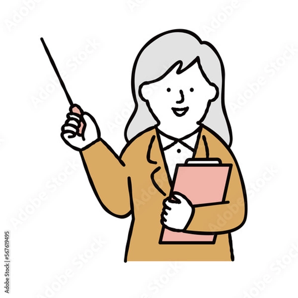 Fototapeta 指し棒を持って指差しをする女性会社員　イエロー