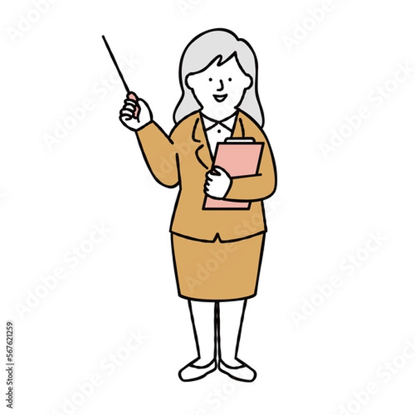 Fototapeta  指し棒を持って指差しをする女性会社員　イエロー　全身