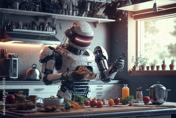 Fototapeta Robot as a cook preparing a meal in the kitchen. A futuristic concept of the near future when more and more activities will be performed by robots instead of people, AI generated