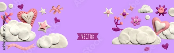 Fototapeta banner with clouds, stars and plasticine hearts on a lilac background. Promotion and shopping template or background for love concept. 3D illustration, cute dough shape.