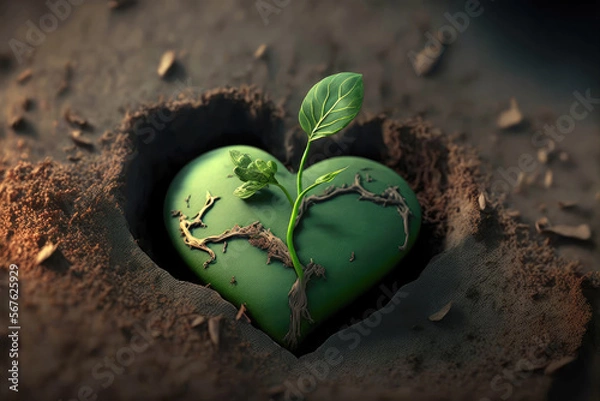 Obraz Leaf are planted on the ground in heart shape. Natural green backgrounds, the concept of plant growth, earth day and environmental protection. Generative ai