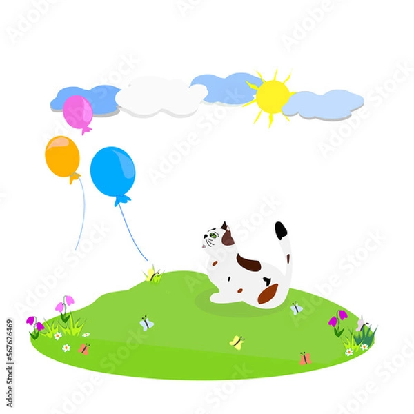 Obraz Suprised white, piebald female cat is watching the colorful balloons